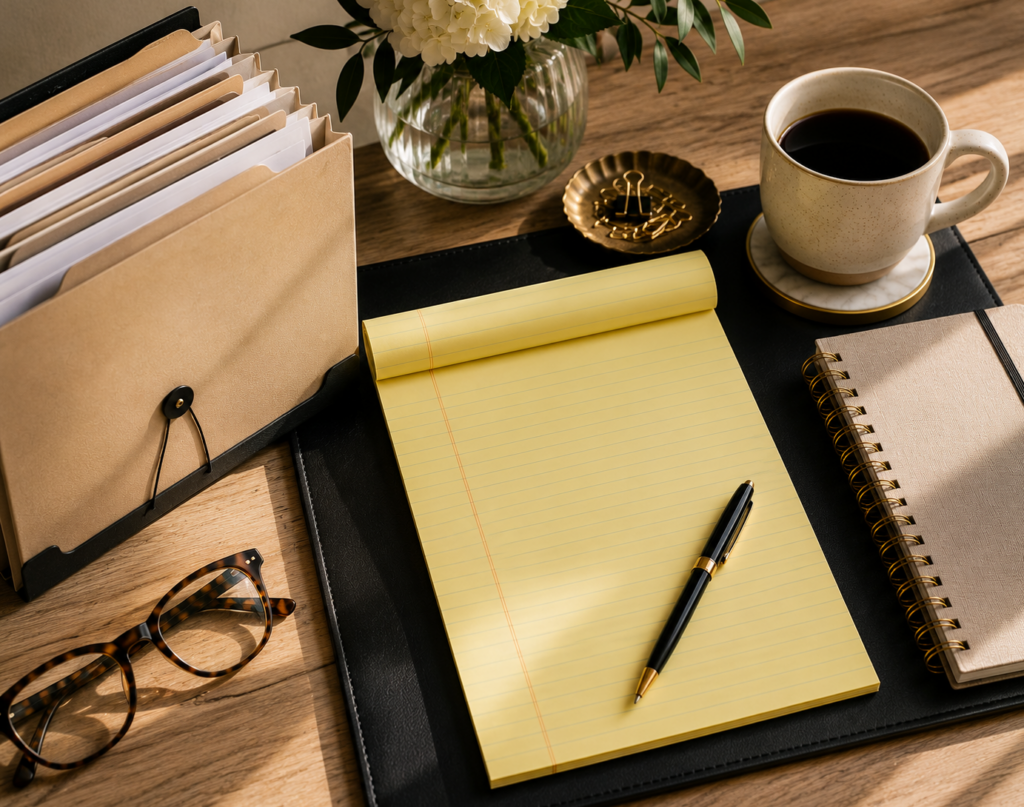 Organized desk with a yellow pad and file folders
