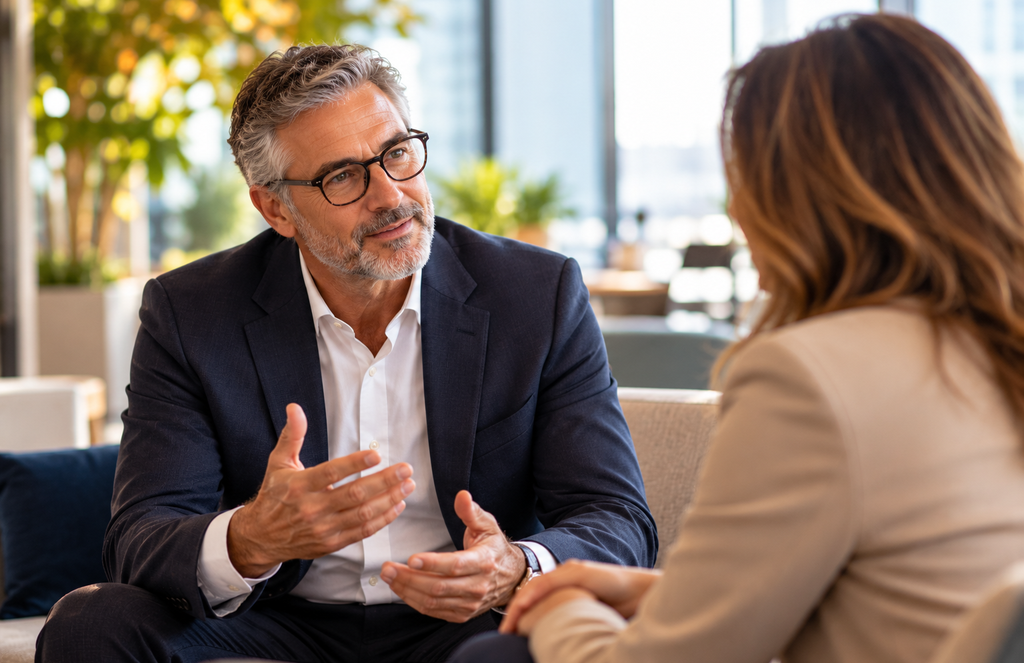 Experienced male professional discussing career development with a colleague.
